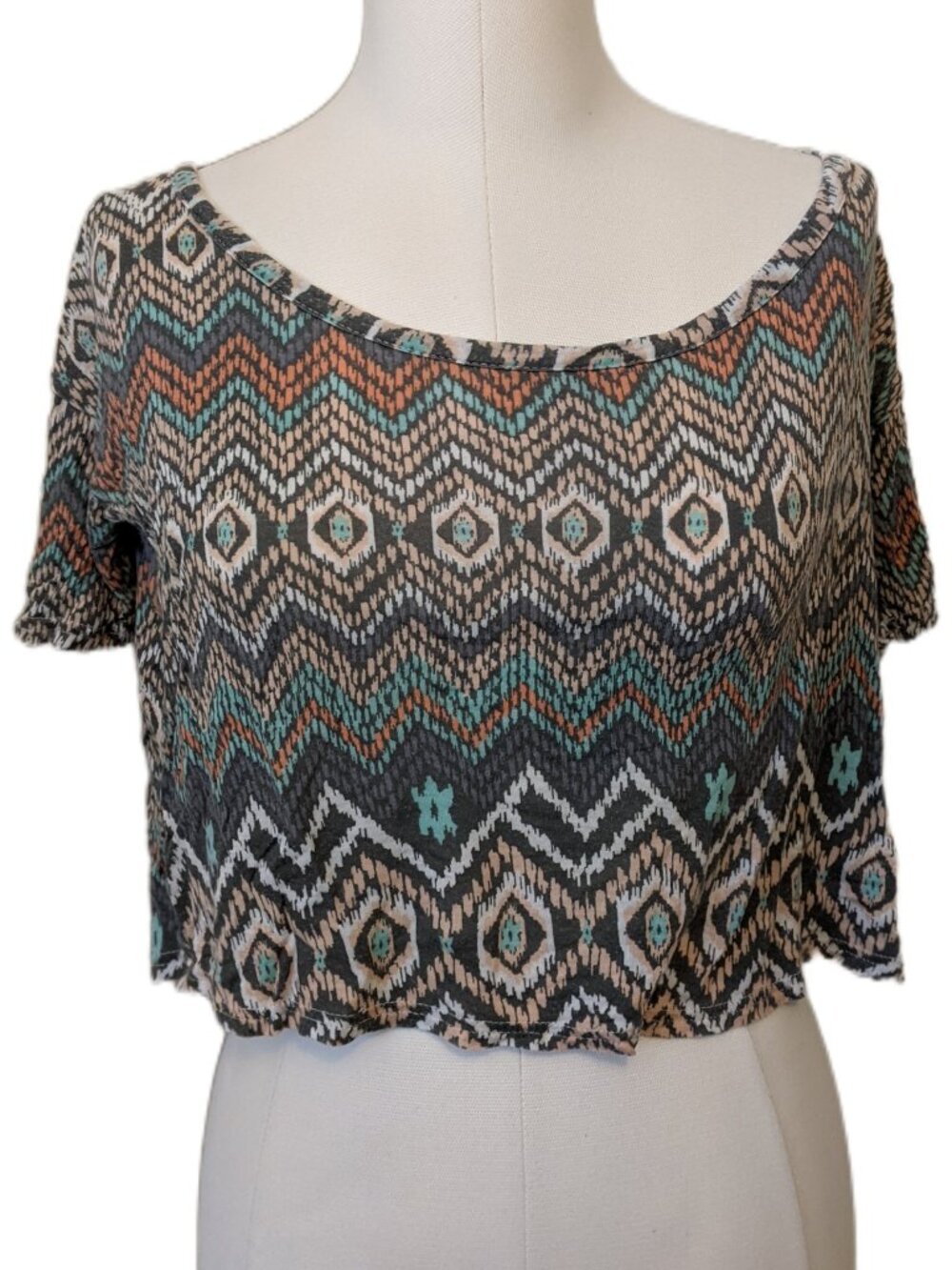 Tribal Geometric Aztec Print Boxy Crop Top Tee Festival Boho Blue Grey T-Shirt M